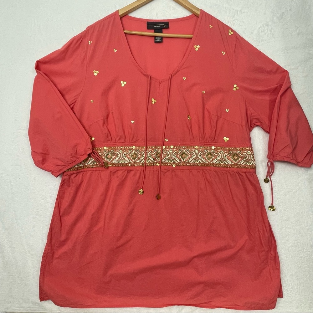 Venezia Cotton Long Sleeve Boho Embellished Tunic Size 22/24 Salmon Gold‎